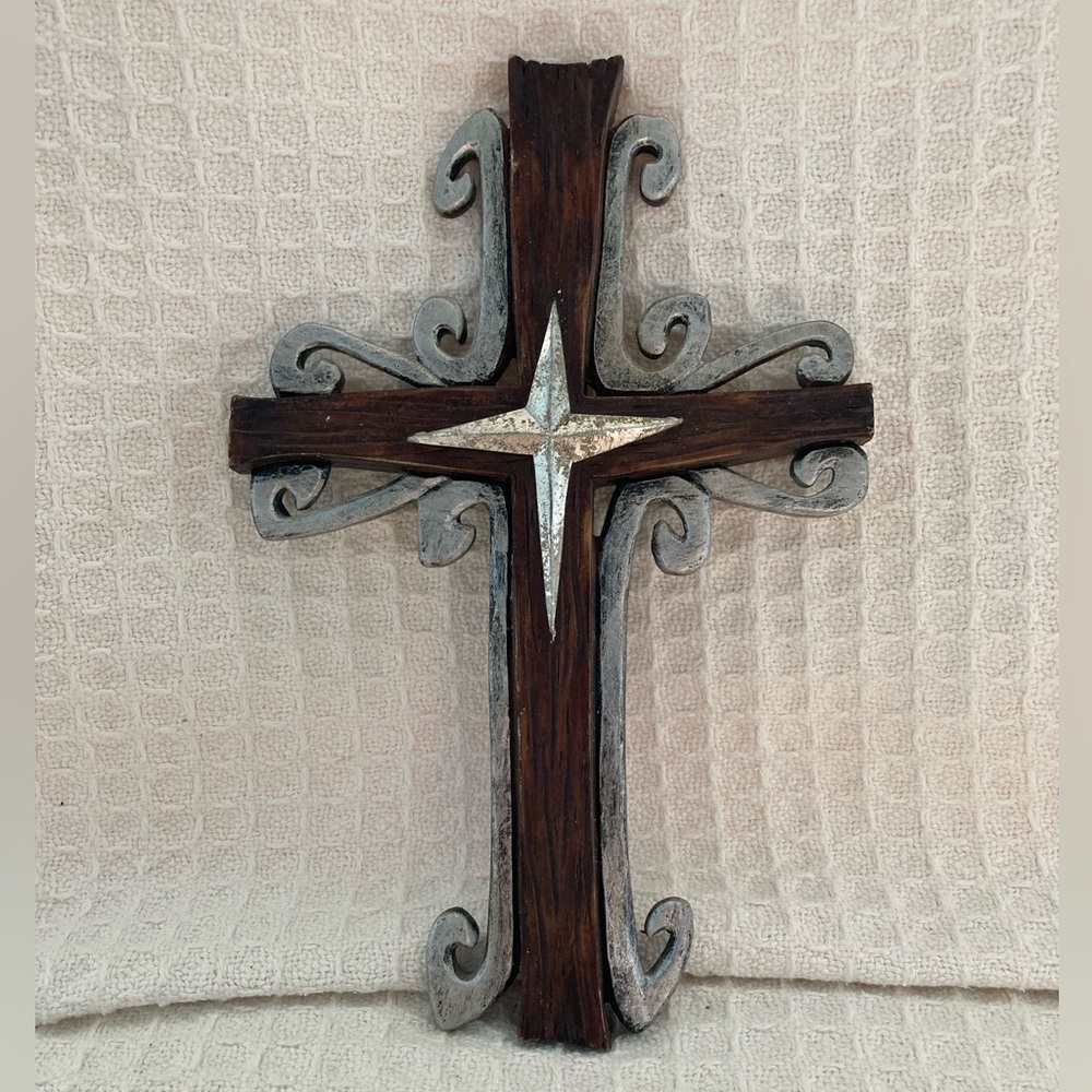 Carson Home Accents 3D Triple Cross Resin Wood Look Cross with Metal Accents
